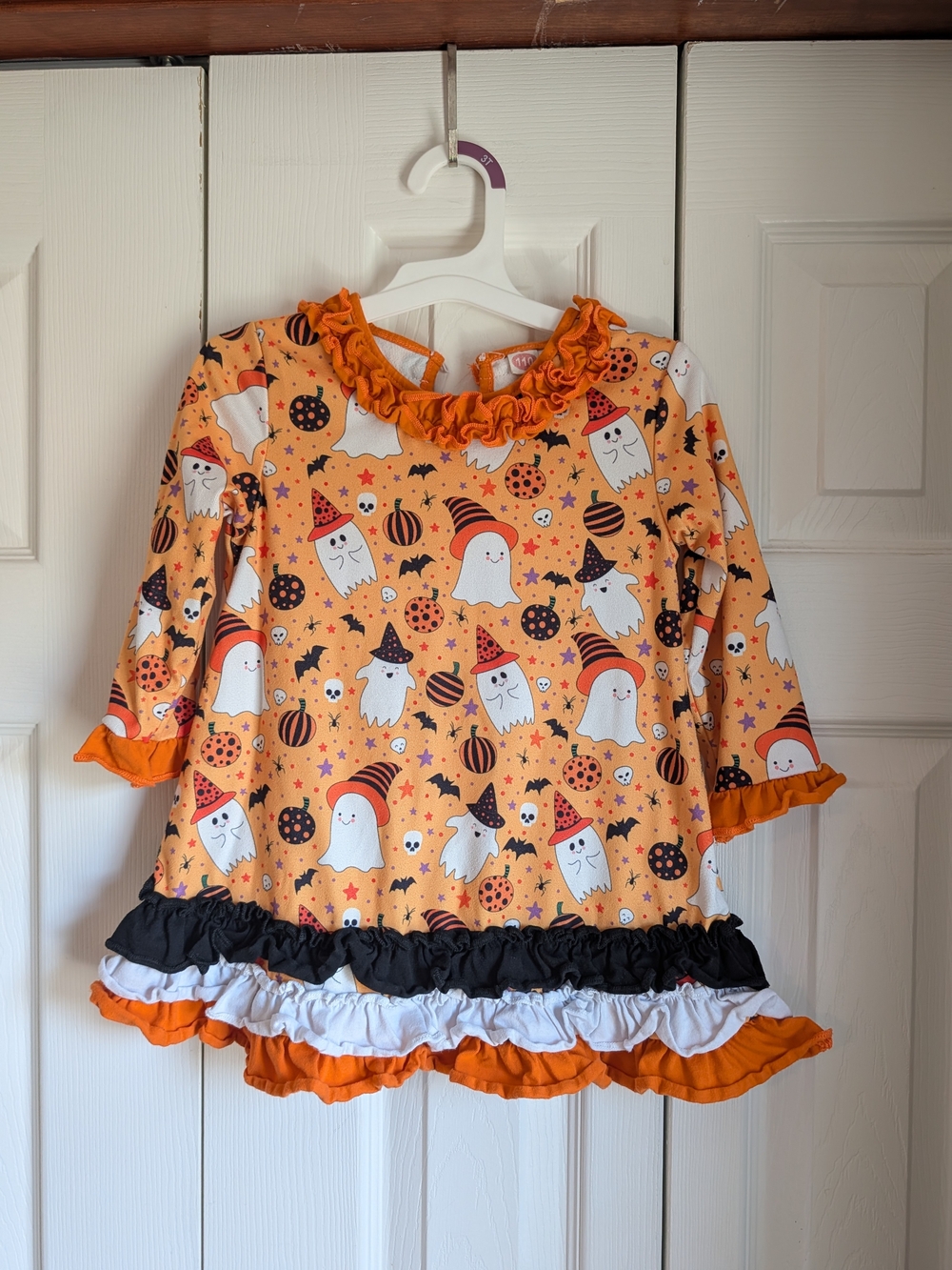 Girls Halloween Ghost Ruffle Dress in Orange